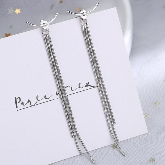 925 Sterling Silver Thin Long Chain Tassel Drop Bar Earrings - Picture 3 of 5